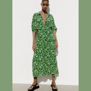Zara Womens Size Medium Elora‎ Dress Women's Green Abstract Midi Shirt Dress